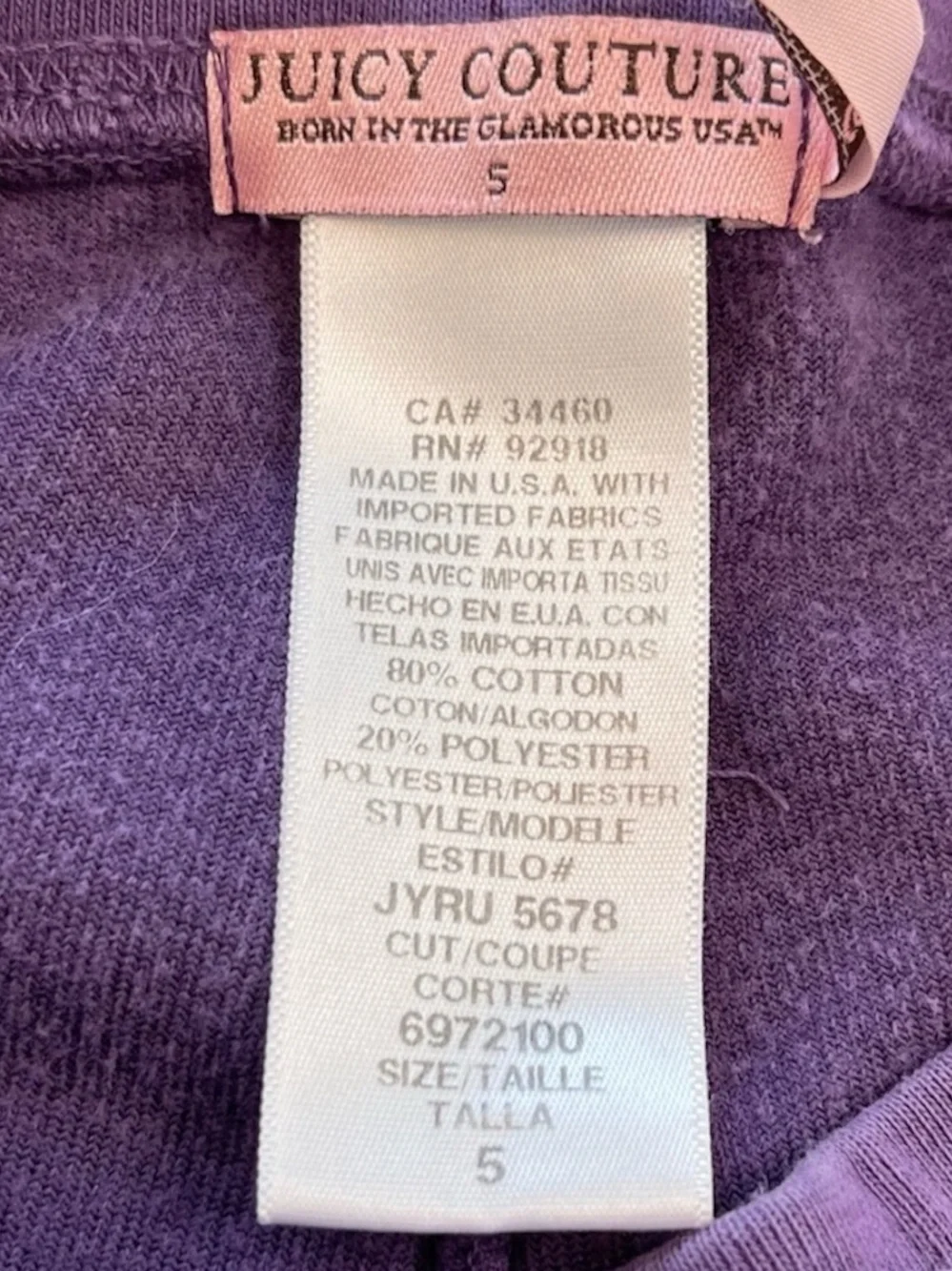 Vintage Juicy Couture Purple Velour Track Pants Straight Leg Girls Size Small